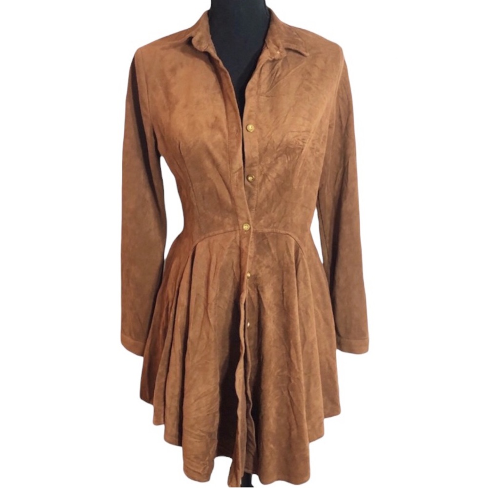 Willa faux suede fit flare peplum button front top